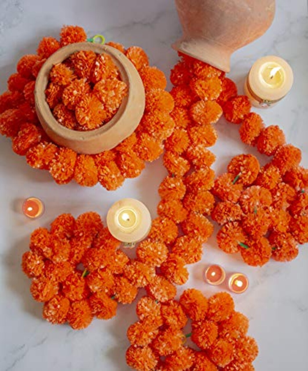5 Pieces - 5 feet Marigold Garland |Indian/American Wedding Party Mantle Decoration, Faux Garlands Wedding Garland, Diwali Decoration, Spring Bush Floral! (Dark Orange)